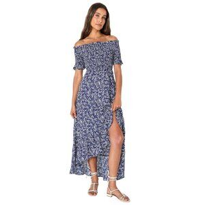 Lulus Fleur-tation Navy Blue Floral Off Shoulder Smocked Midi Dress